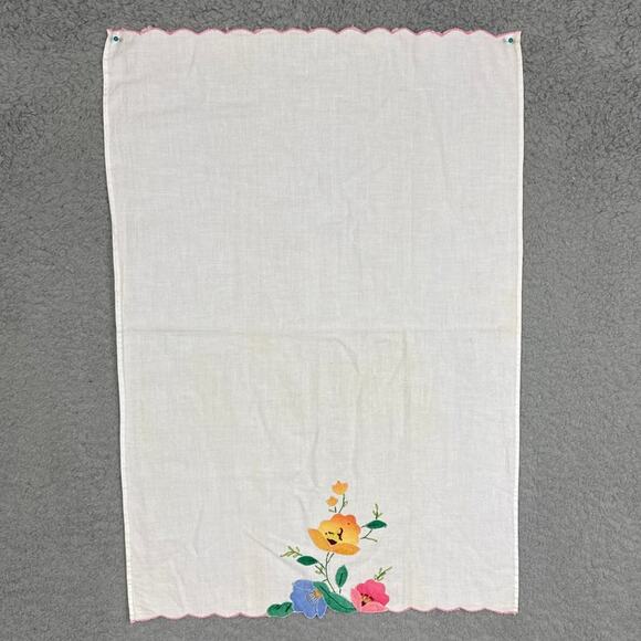 Vintage Embroidered Flour Sack Hand Towel White Pink Scalloped Edging Floral - Picture 1 of 6